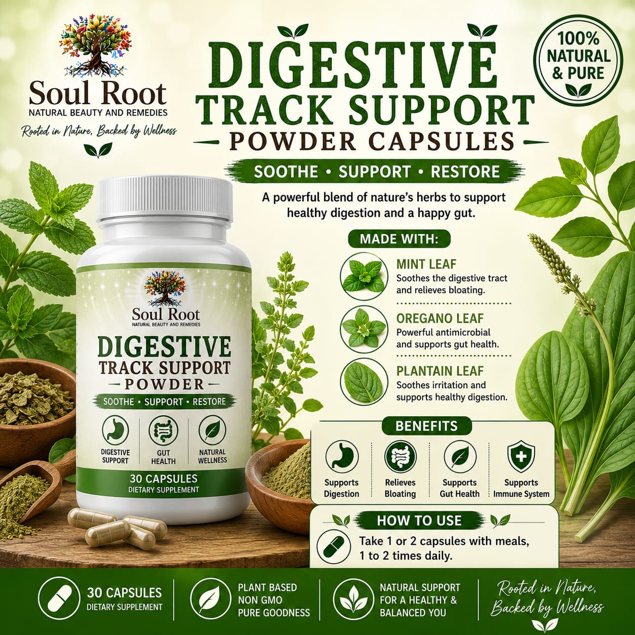 Digestive Track Support Powder herbal information sheet listing Mint Leaf, Oregano Leaf, Plantain Leaf