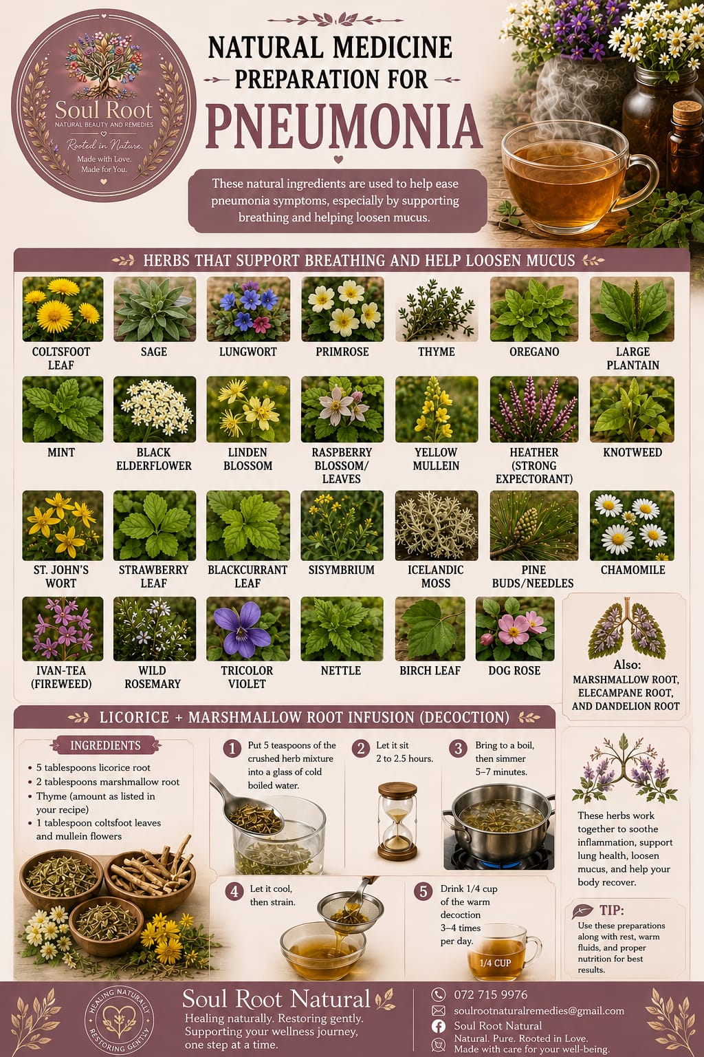 Natural Preparation for Pneumonia herbal information sheet listing Coltsfoot, Sage, Lungwort, Thyme
