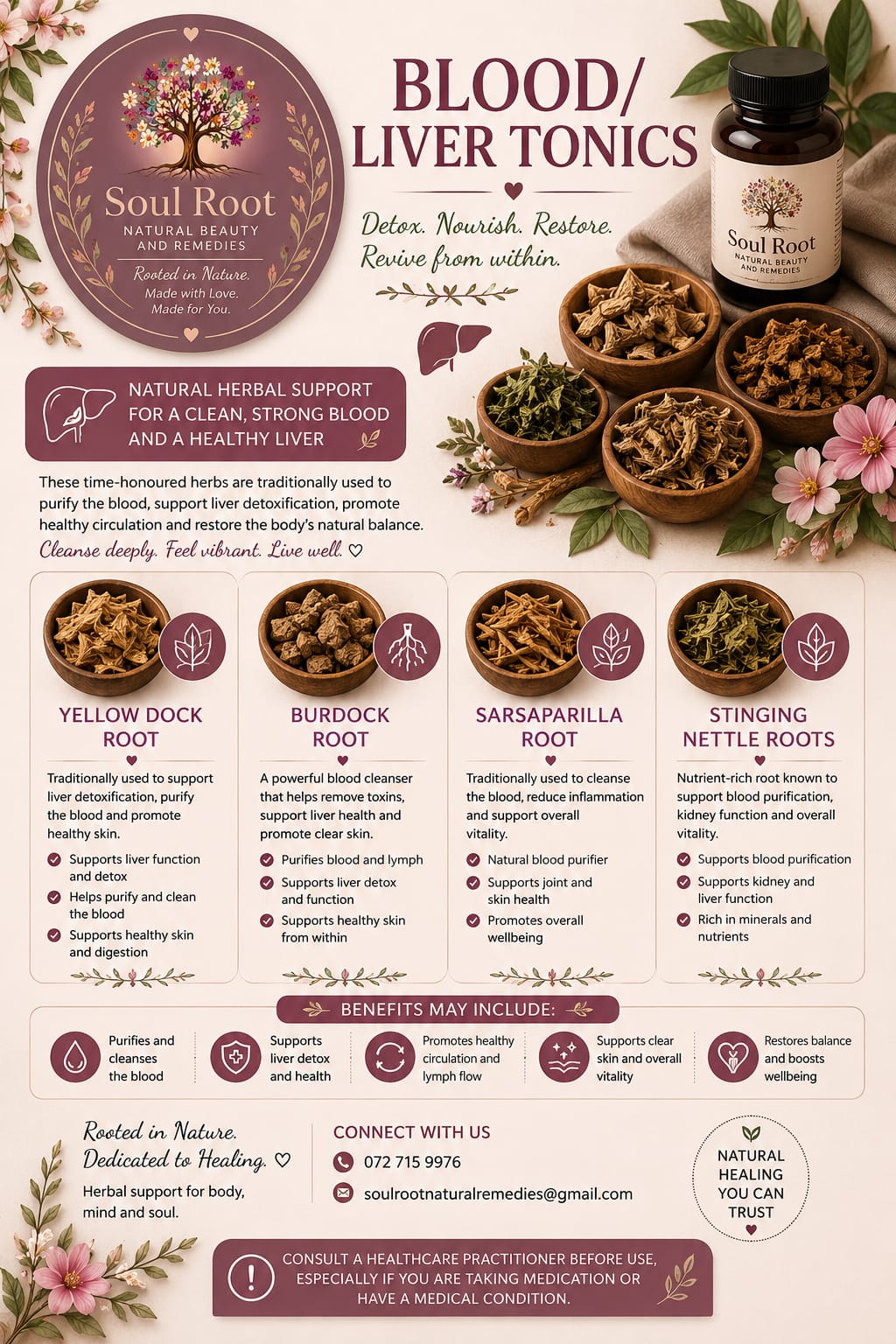 Blood & Liver Tonics herbal information sheet listing Yellow Dock Root, Burdock Root, Sarsaparilla Root, Stinging Nettle Root