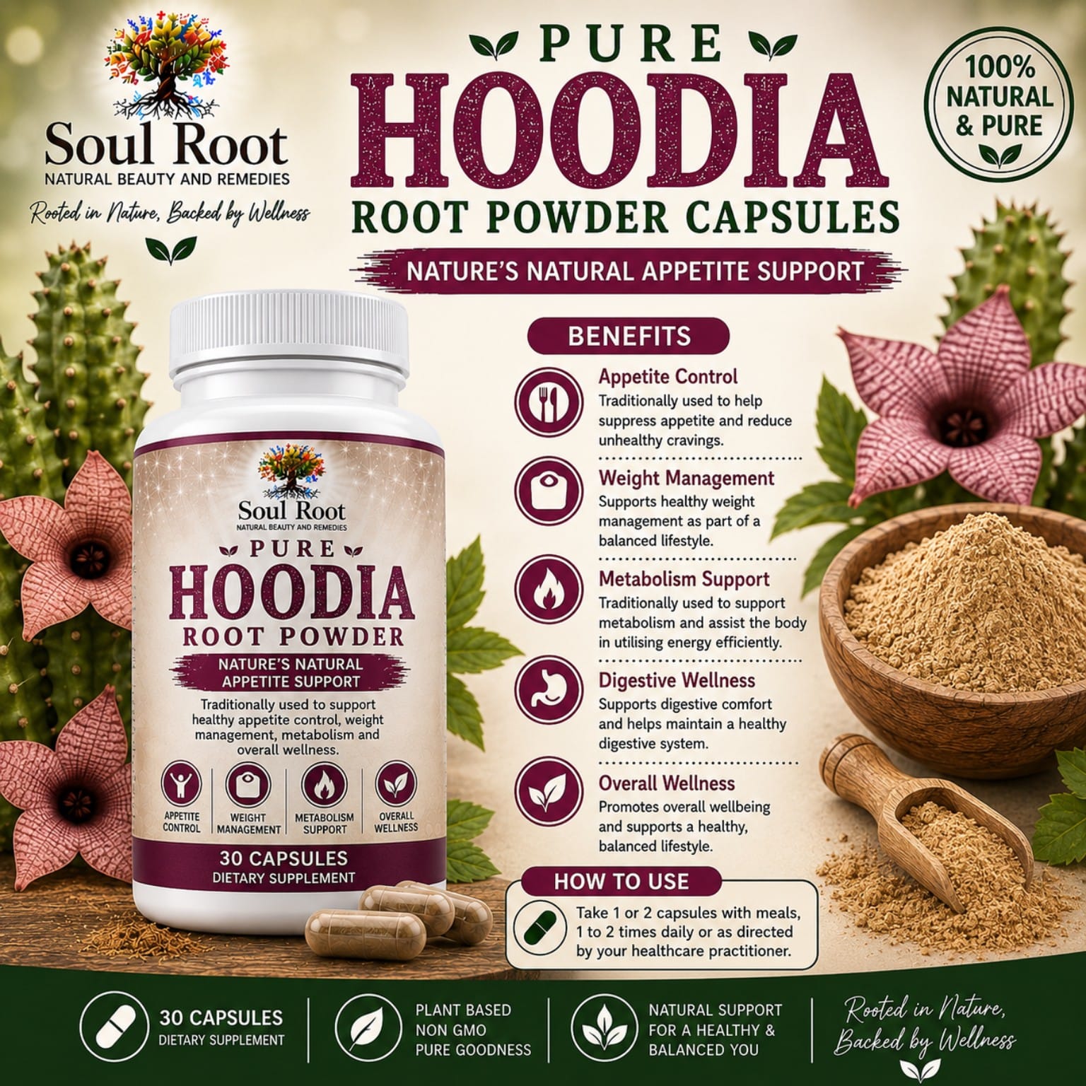 Pure Hoodia Root Powder herbal information sheet listing Hoodia Root