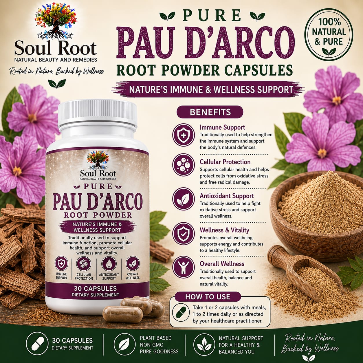 Pure Pau D'Arco Root Powder herbal information sheet listing Pau D'Arco Bark