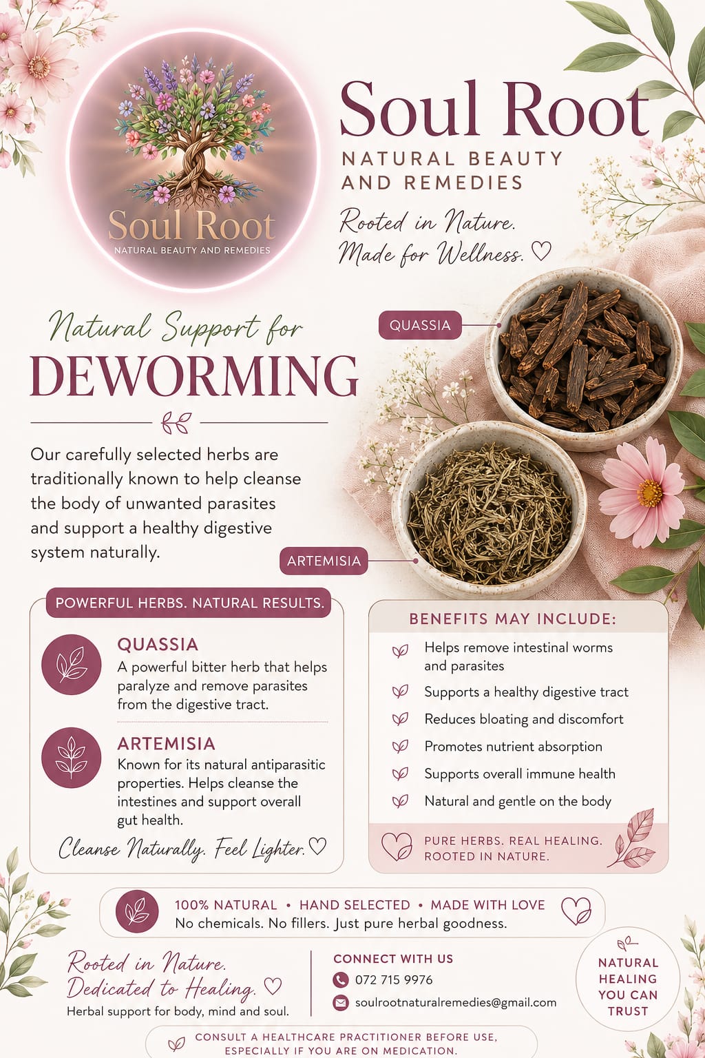 Natural Deworming herbal information sheet listing Quassia, Artemisia