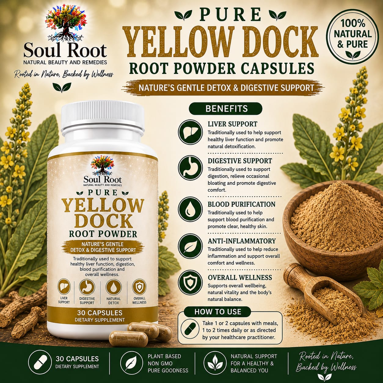 Pure Yellow Dock Root Powder herbal information sheet listing Yellow Dock Root
