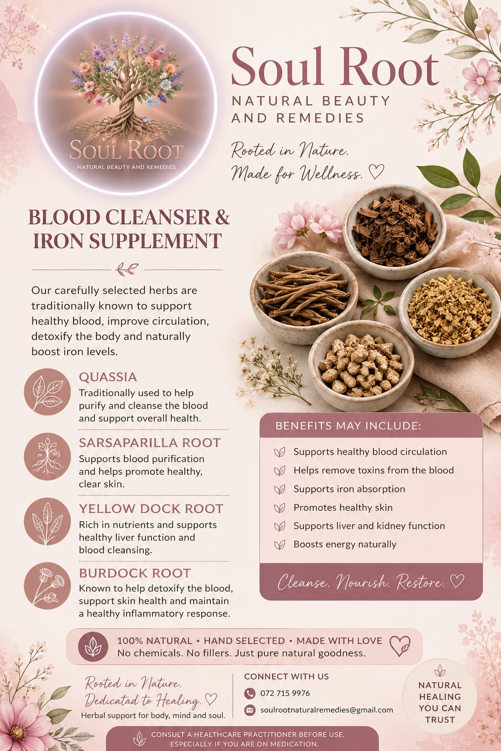 Blood Cleanser & Iron Support herbal information sheet listing Quassia, Sarsaparilla Root, Yellow Dock Root, Burdock Root