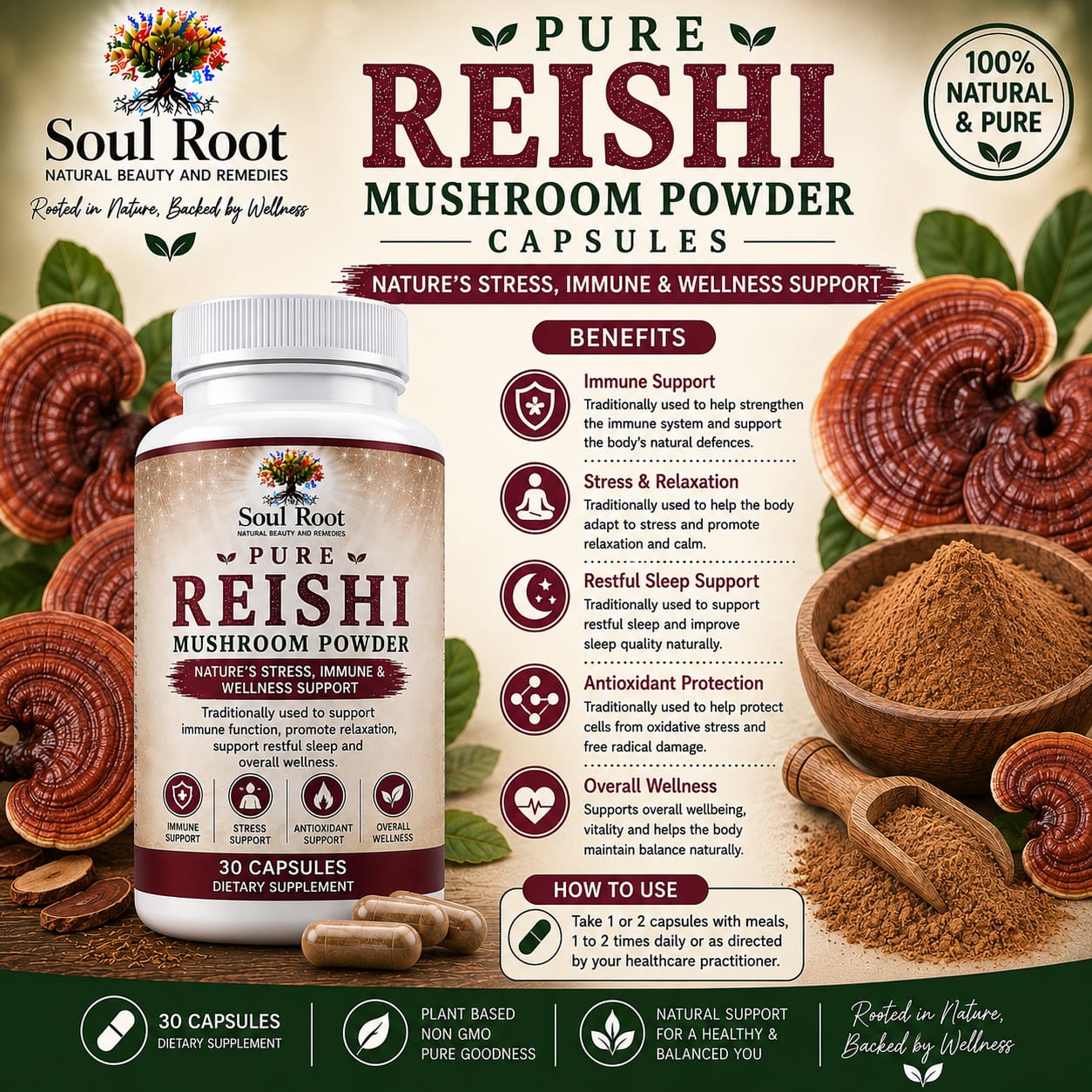 Pure Reishi Mushroom Powder herbal information sheet listing Reishi Mushroom
