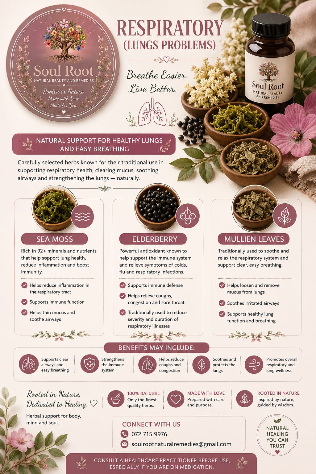 Respiratory & Lung Health herbal information sheet listing Sea Moss, Elderberry, Mullein Leaves