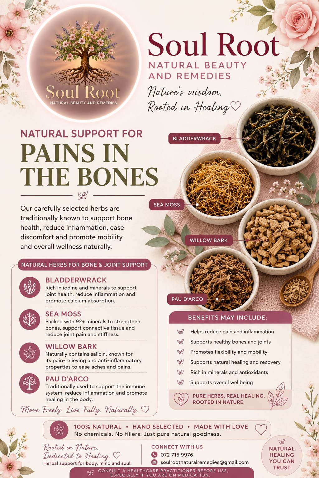 Pains in the Bones herbal information sheet listing Bladderwrack, Sea Moss, Willow Bark, Pau d'Arco