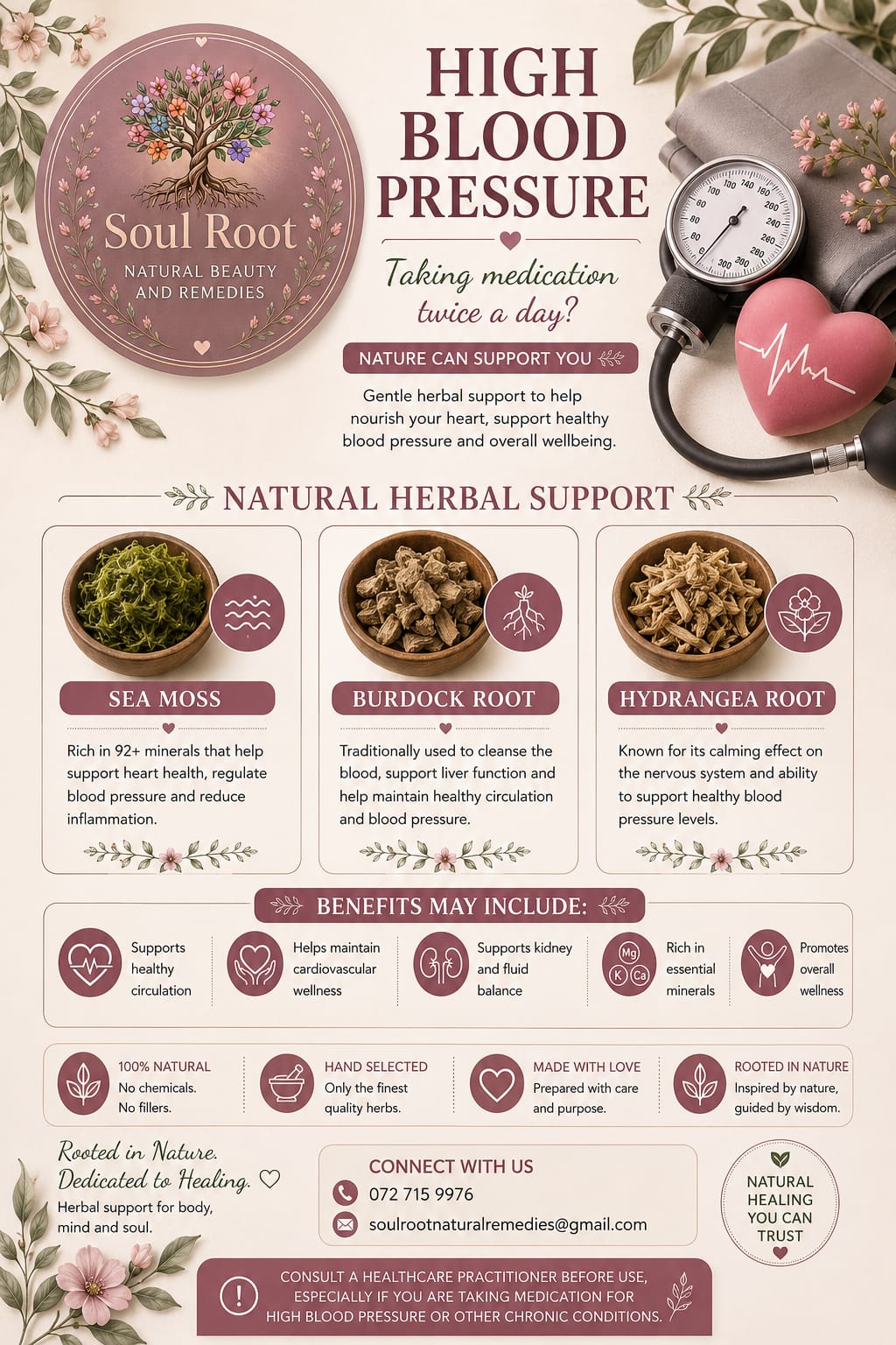 High Blood Pressure herbal information sheet listing Sea Moss, Burdock Root, Hydrangea Root