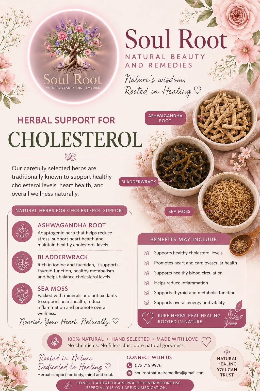 Cholesterol Support herbal information sheet listing Ashwagandha Root, Bladderwrack, Sea Moss