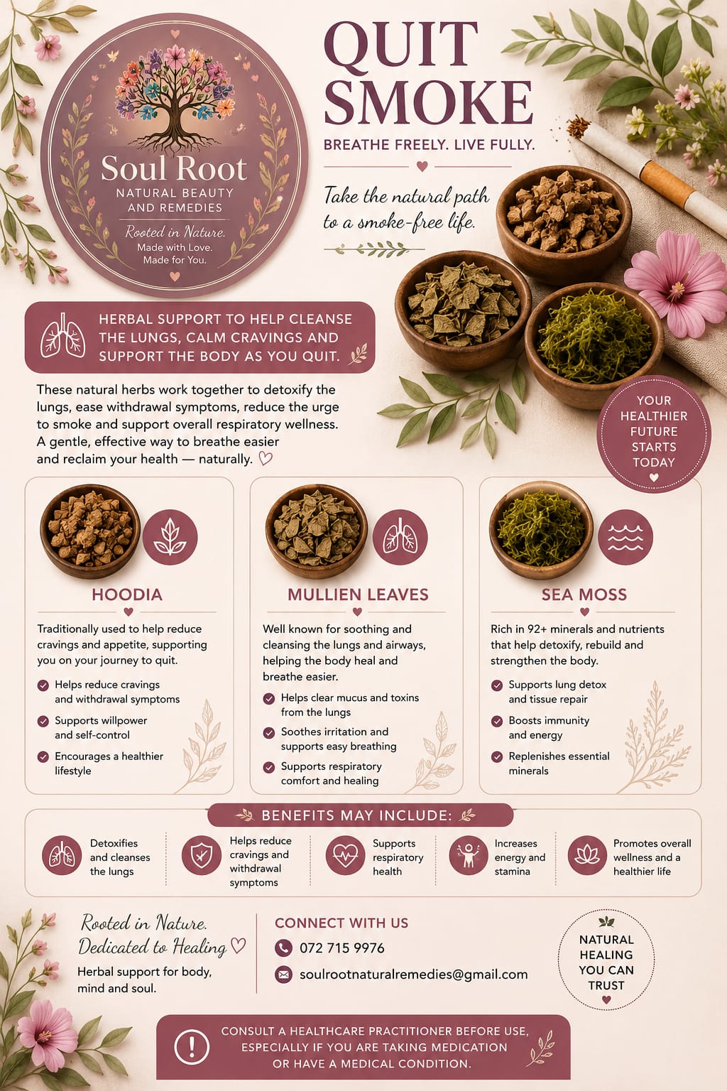 Quit Smoking Support herbal information sheet listing Hoodia, Mullein Leaves, Sea Moss