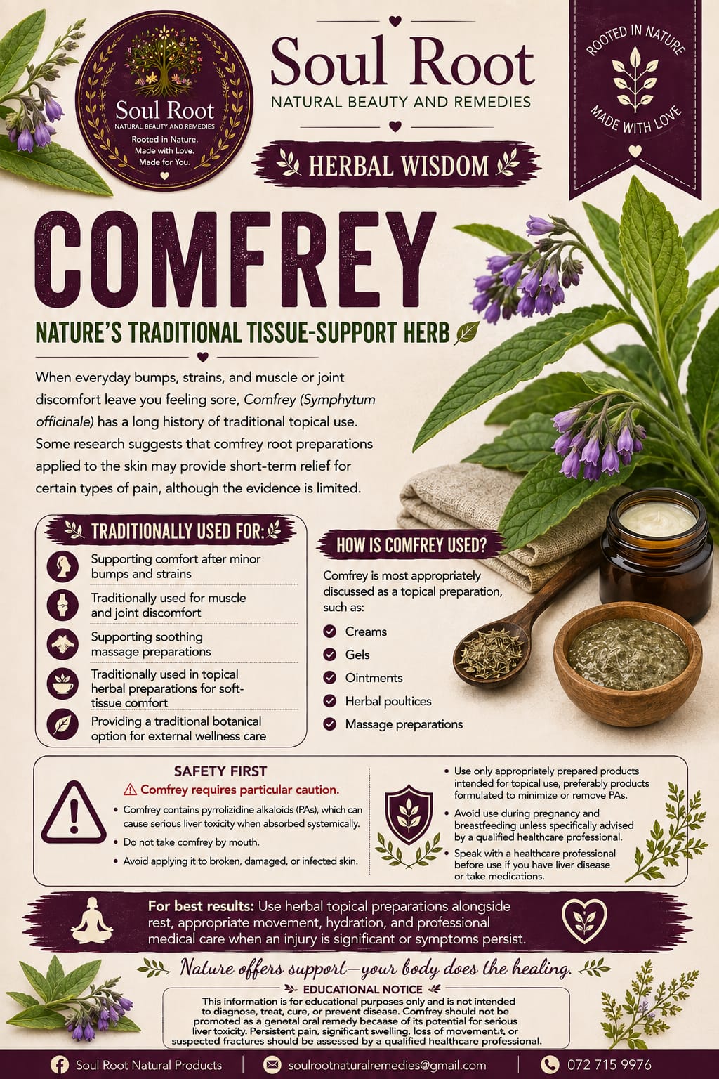 Comfrey herbal information sheet listing Comfrey Leaf