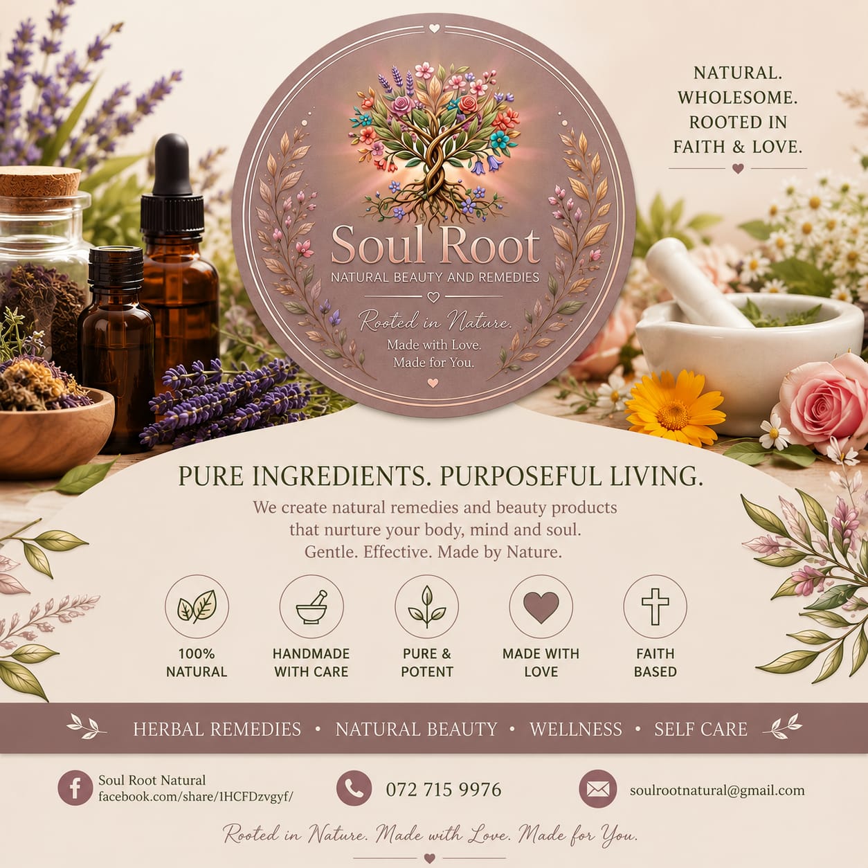 Soul Root Natural Beauty and Remedies brand banner with logo, values and contact details