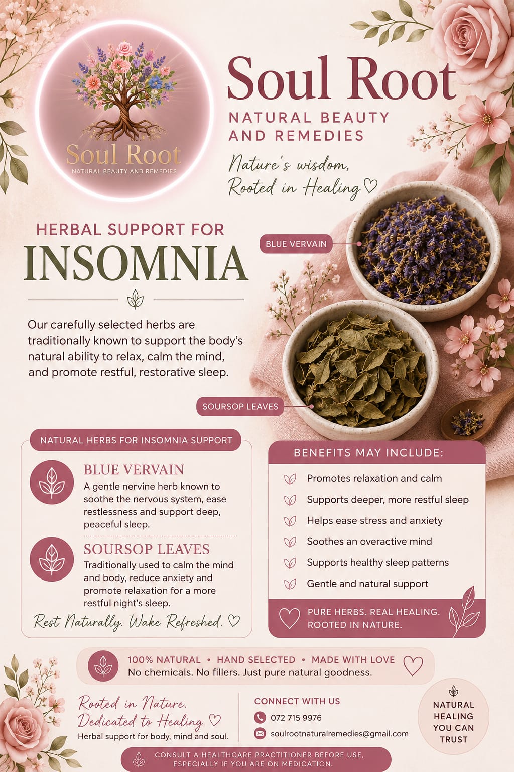 Insomnia & Restful Sleep herbal information sheet listing Blue Vervain, Soursop Leaves