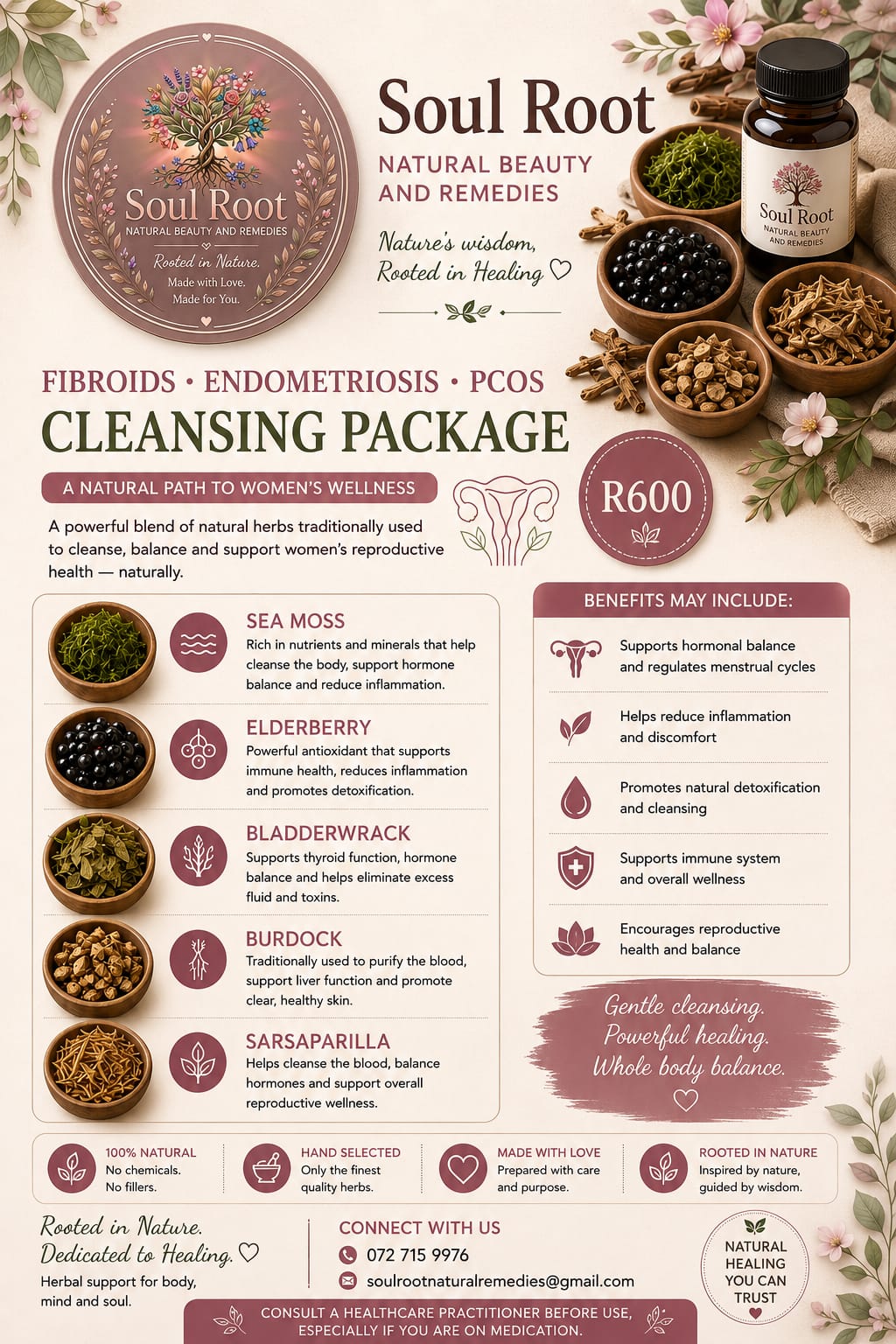 Fibroids, Endometriosis & PCOS Cleansing herbal information sheet listing Sea Moss, Elderberry, Bladderwrack, Burdock, Sarsaparilla