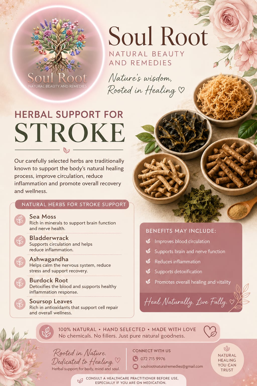Stroke Support herbal information sheet listing Sea Moss, Bladderwrack, Ashwagandha, Burdock Root, Soursop Leaves