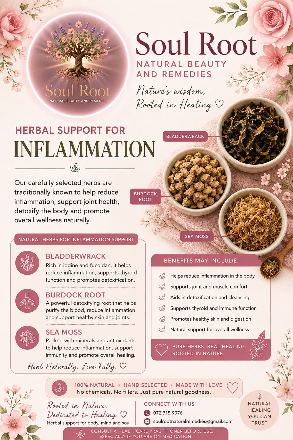 Inflammation herbal information sheet listing Bladderwrack, Burdock Root, Sea Moss
