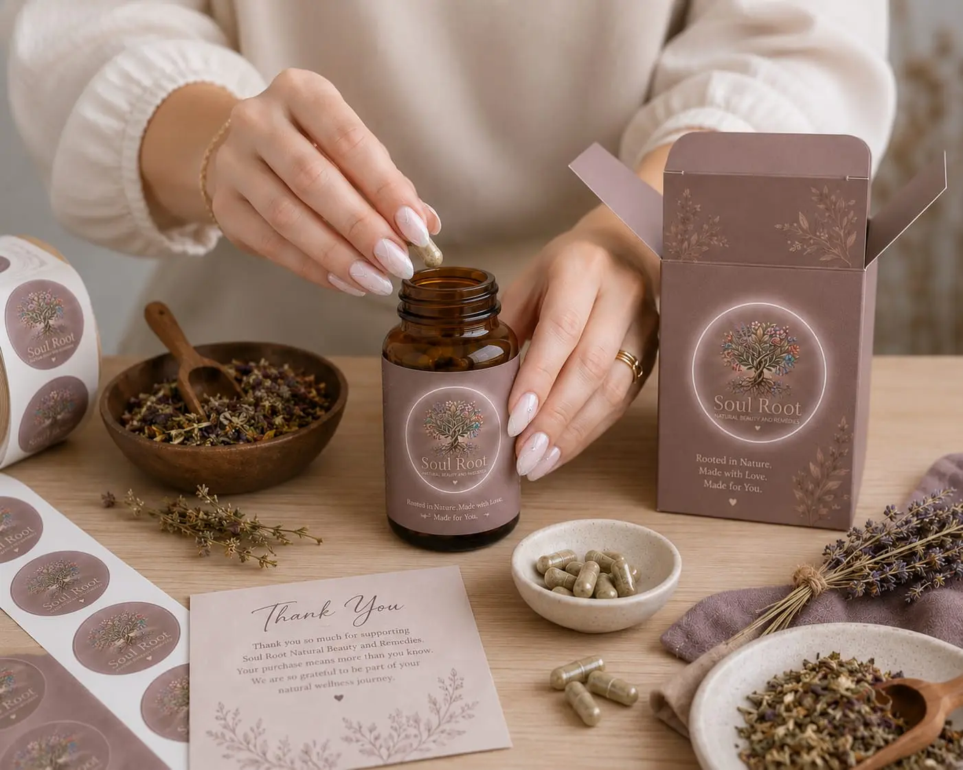 Soul Root Natural Beauty and Remedies capsules, packaging and thank-you card