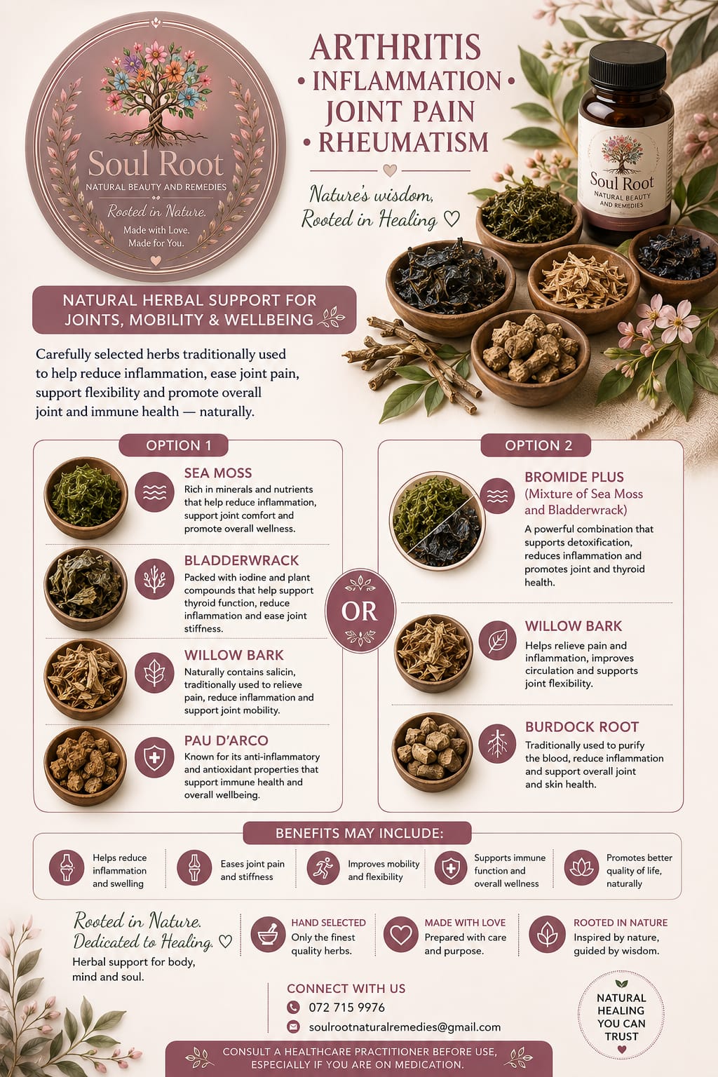 Arthritis, Joint Pain & Rheumatism herbal information sheet listing Sea Moss, Bladderwrack, Willow Bark, Pau d'Arco, Bromide Plus, Burdock Root