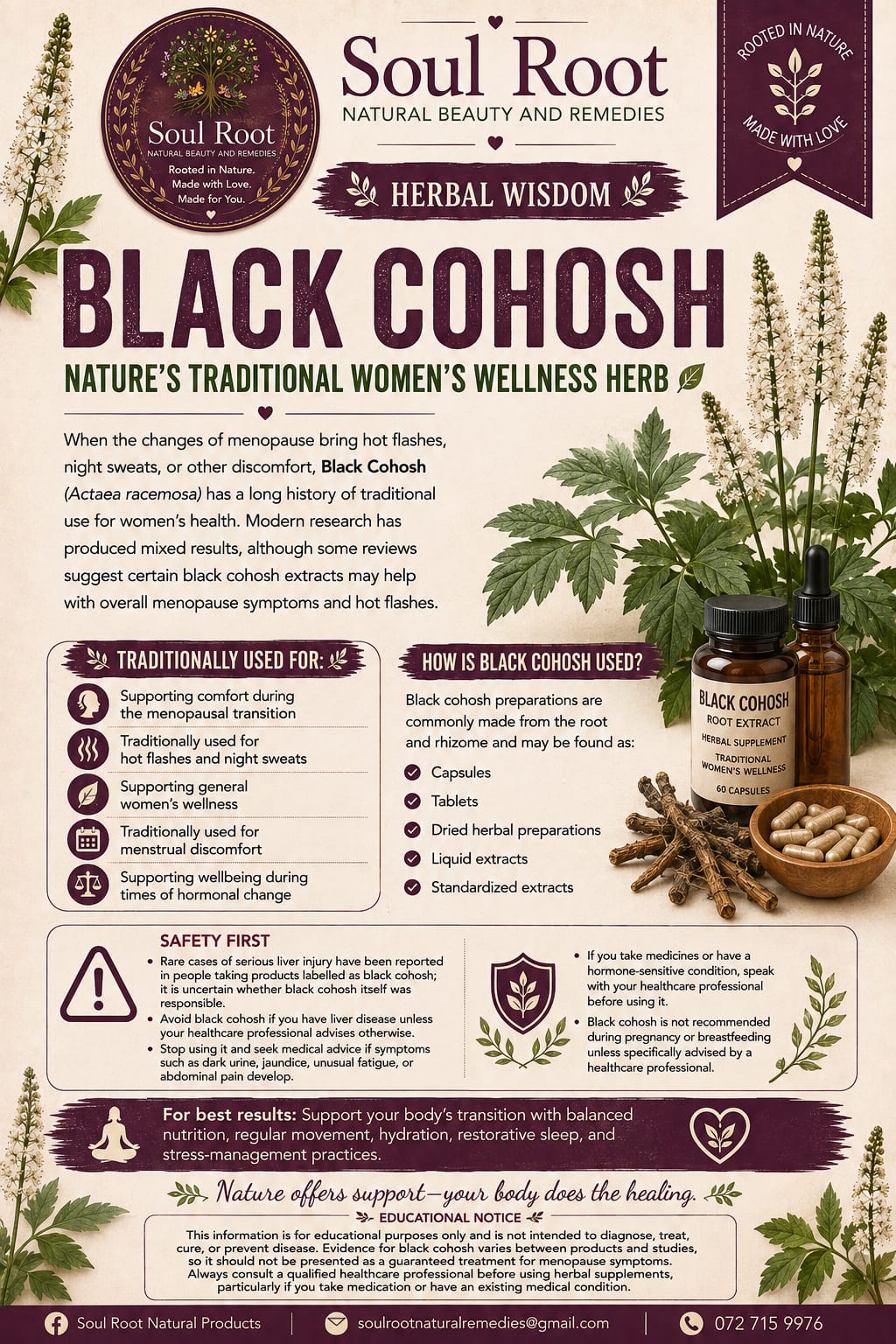 Black Cohosh herbal information sheet listing Black Cohosh Root
