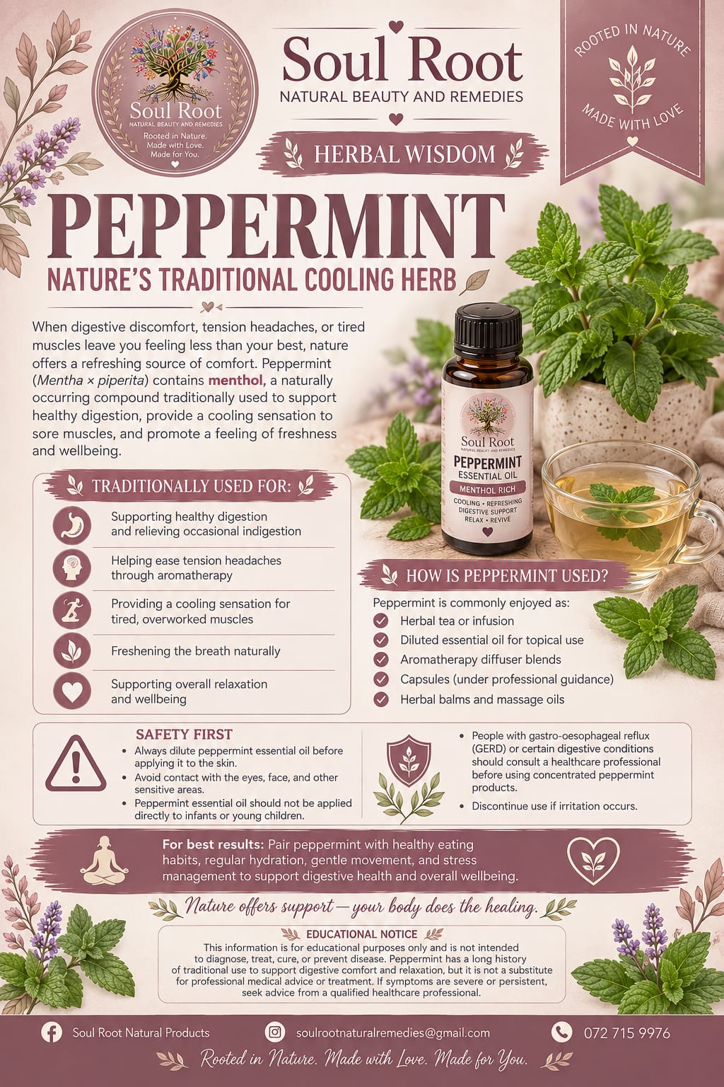 Peppermint — Nature's Traditional Cooling Herb herbal information sheet listing Peppermint Leaf, Peppermint Essential Oil