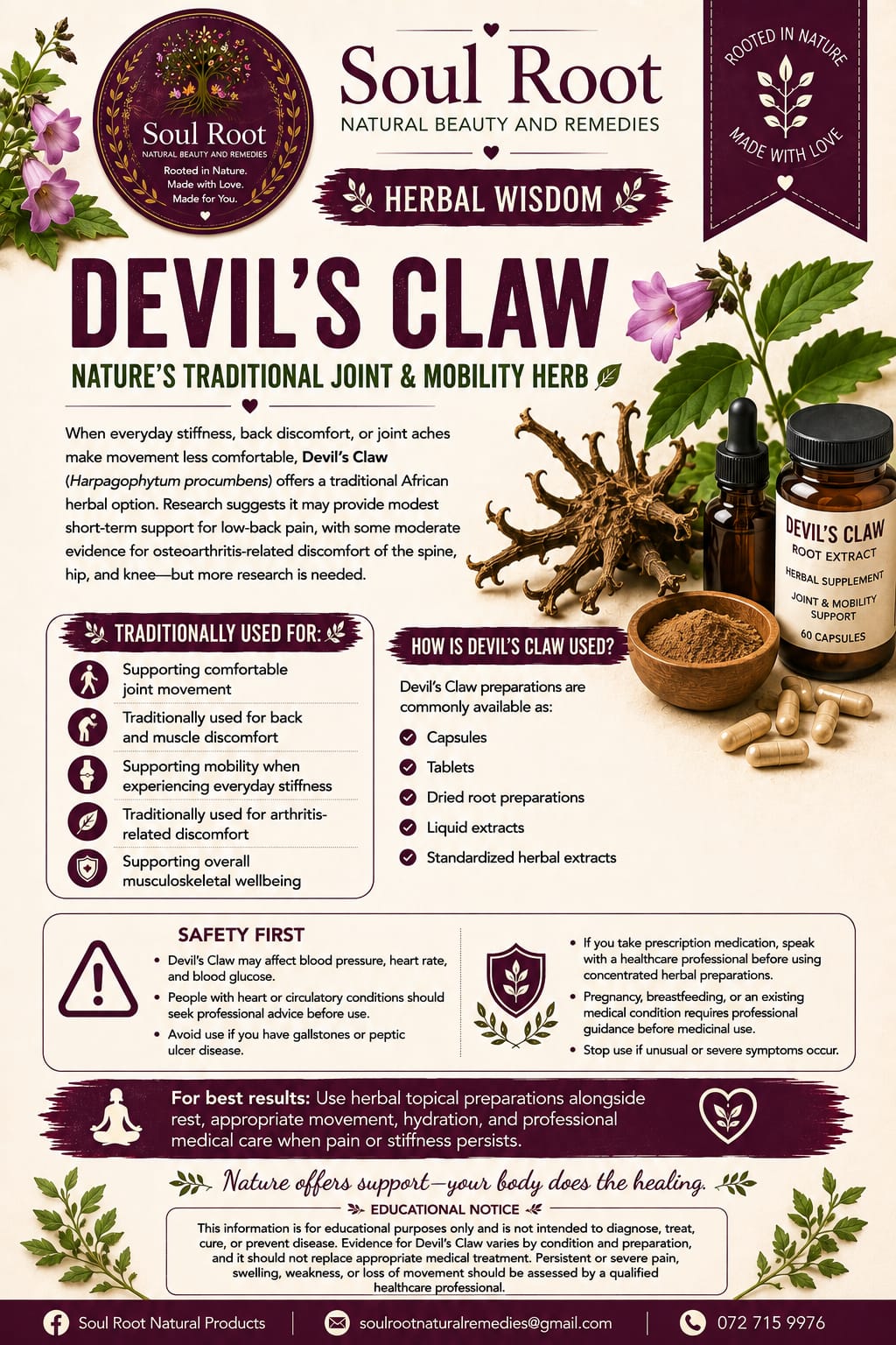 Devil's Claw herbal information sheet listing Devil's Claw Root
