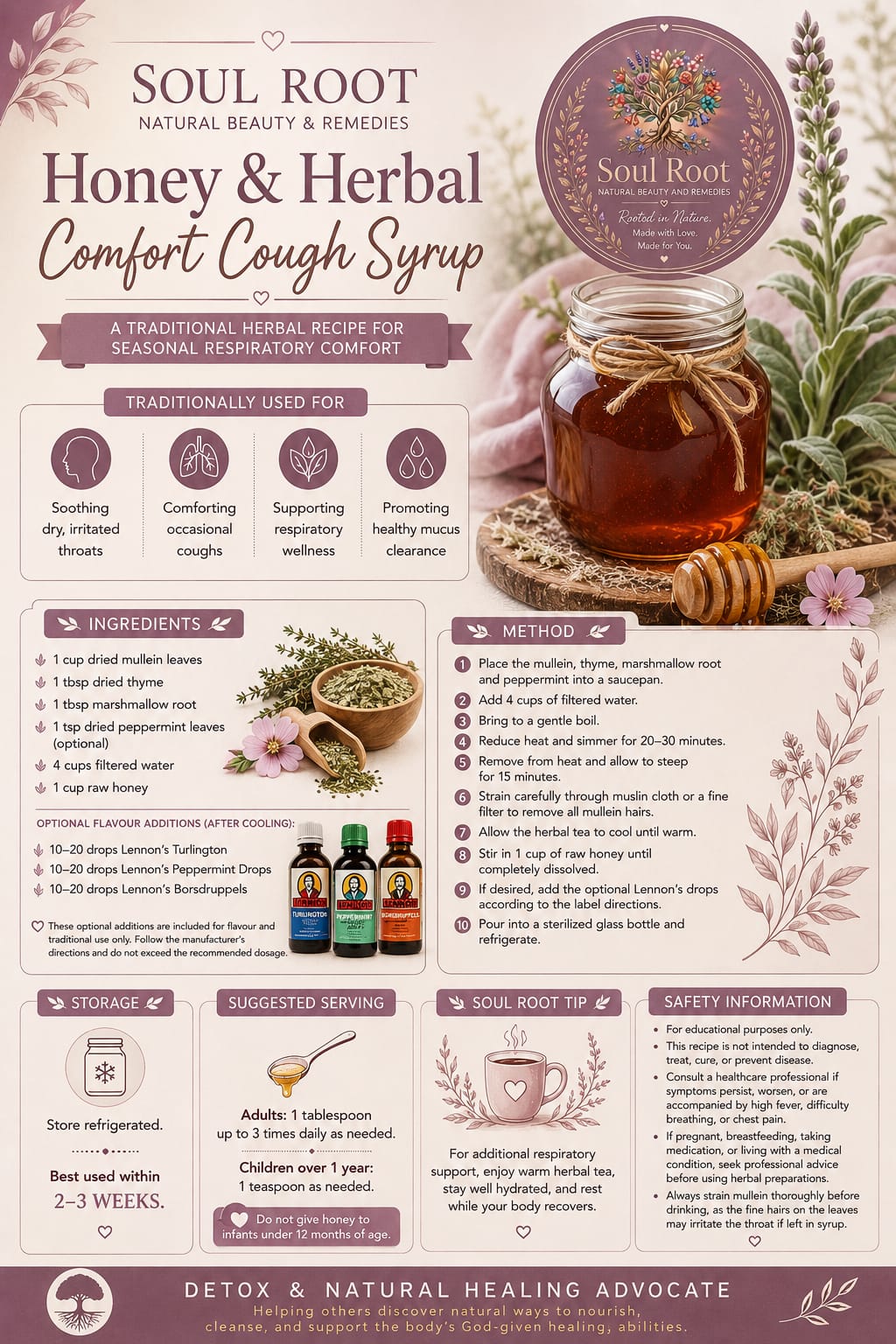Honey & Herbal Comfort Cough Syrup herbal information sheet listing Honey, Thyme, Marshmallow Root