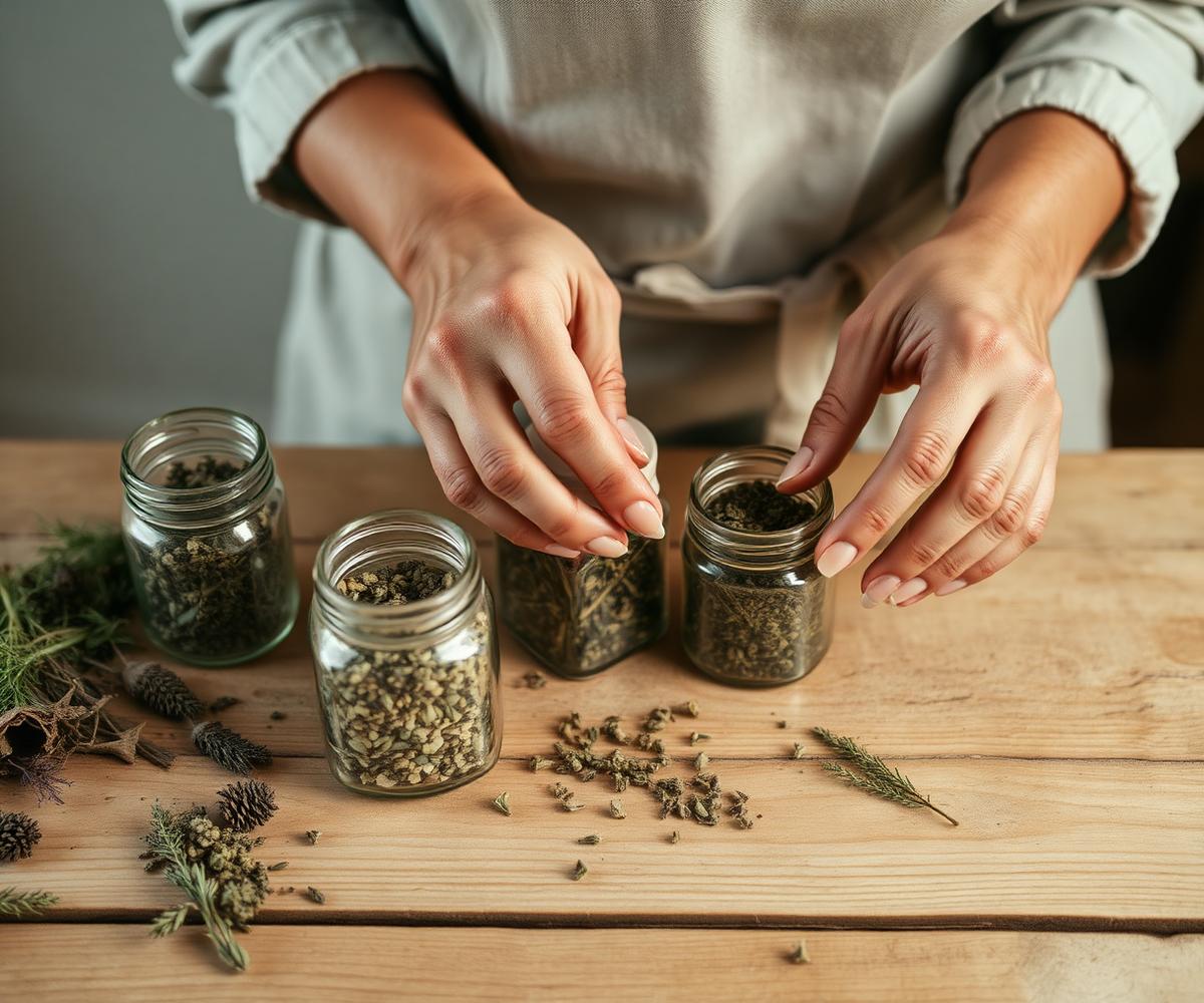 Hands filling glass jars with dried herbs