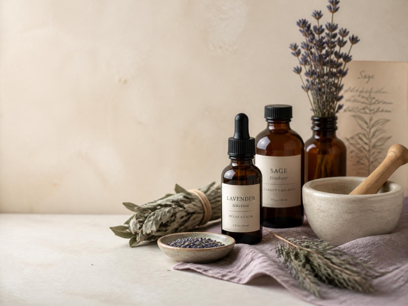 Handcrafted herbal tinctures with lavender, sage and a mortar and pestle